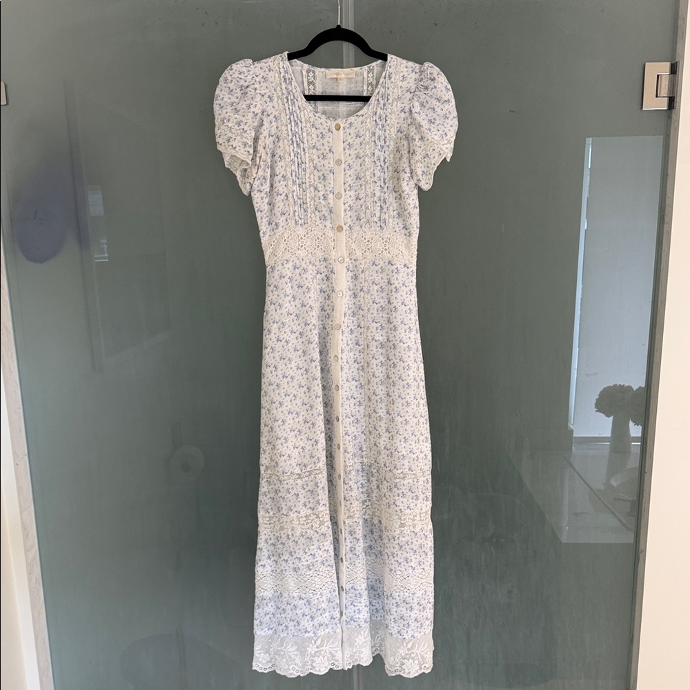 LoveShackFancy Light Blue and White Floral Maxi Dress with Lace Trim